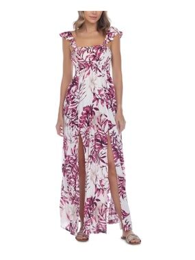 Floral White and Burgundy Maxi Dress with Front Slits